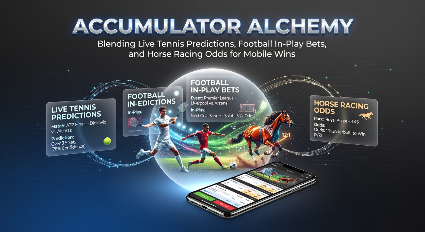 Mobile device displaying a live accumulator bet combining tennis match progress, football in-play action, and fluctuating horse racing odds
