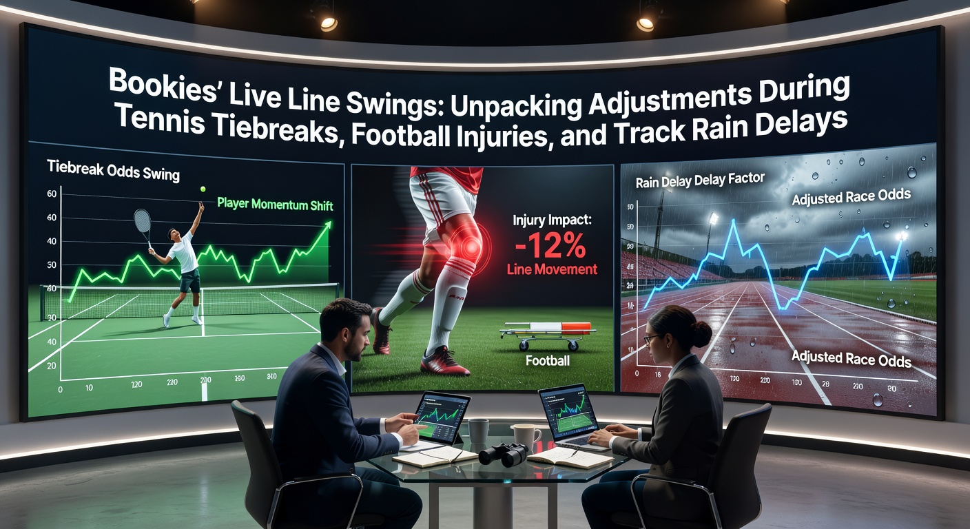 Tennis player serving during a tense tiebreak, with overlaid odds lines shifting dramatically on a betting interface