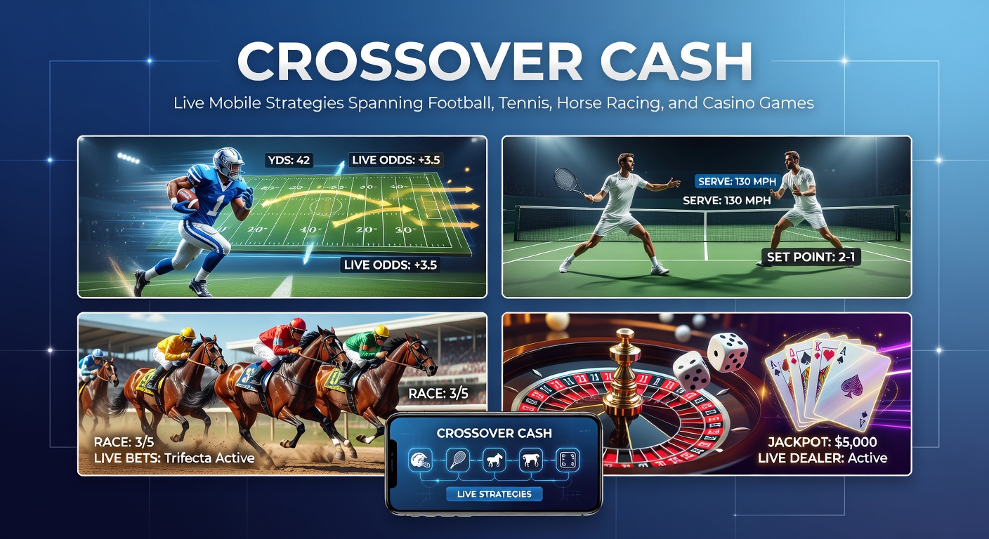 Dynamic split-screen view showing live soccer action, tennis serve, horse racing start, and casino roulette wheel on a mobile device
