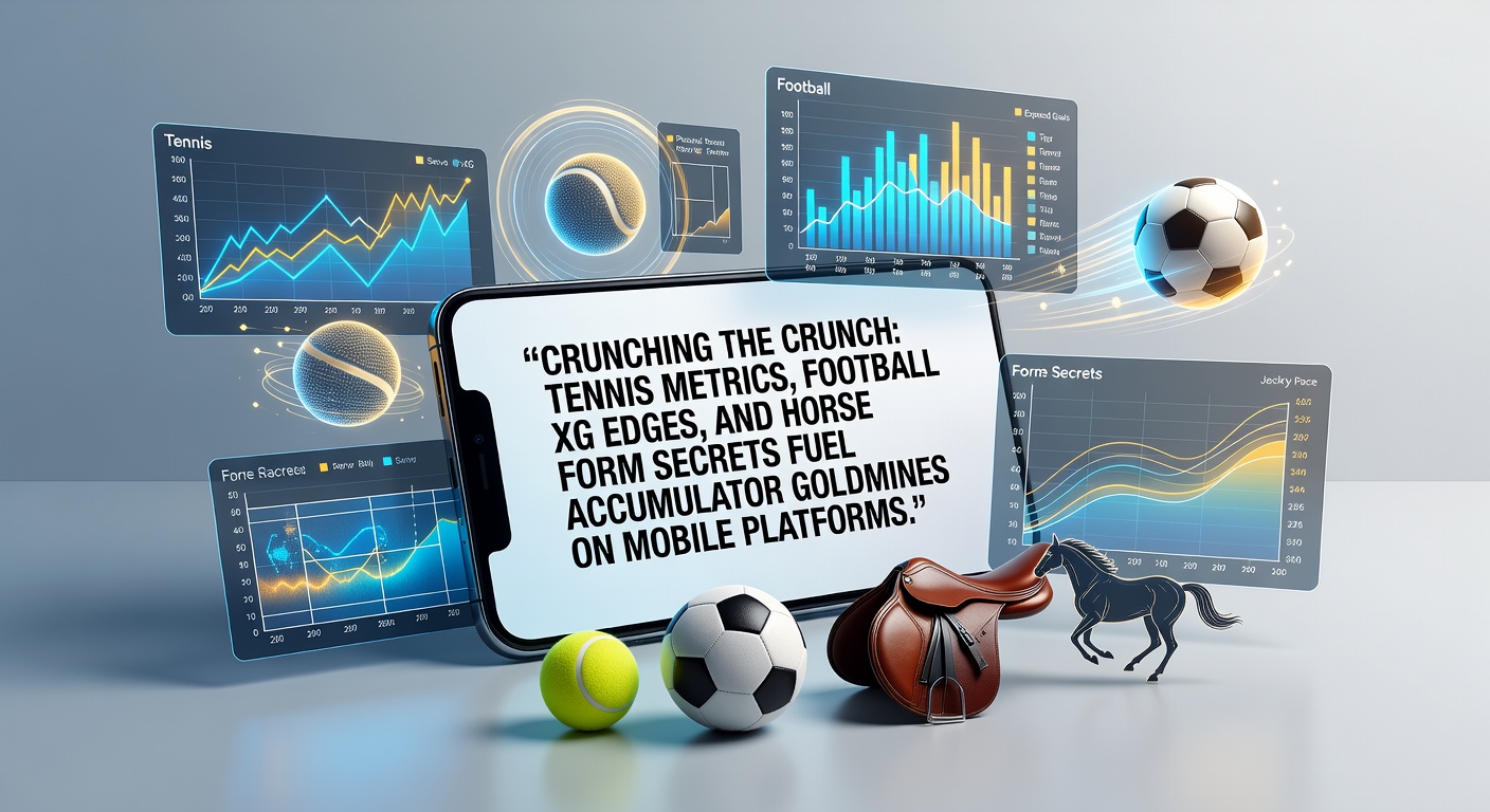 Digital dashboard displaying tennis serve speeds, soccer xG heatmaps, and horse racing form graphs on a mobile betting app