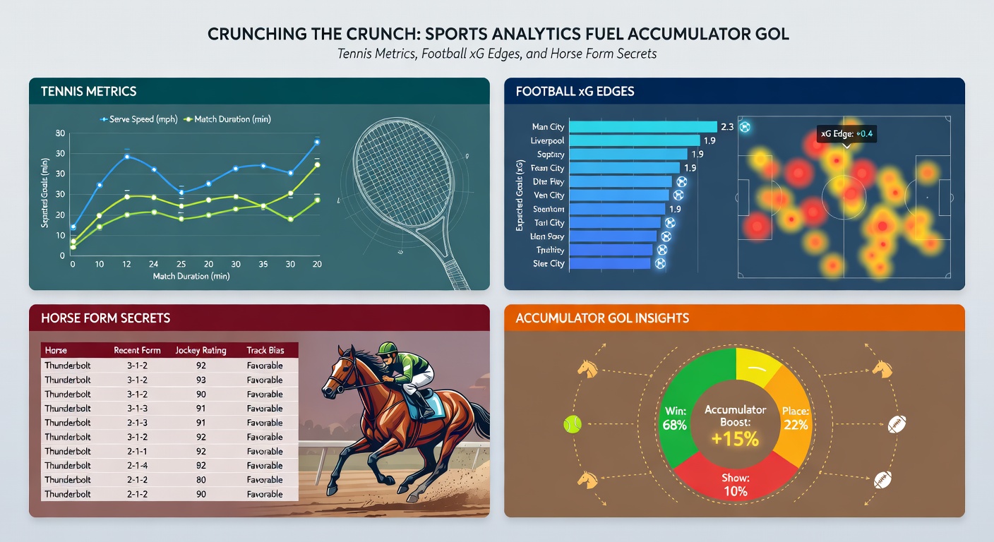 Mobile phone screen showing a multi-leg accumulator bet slip with tennis, soccer xG charts, and horse form overlays