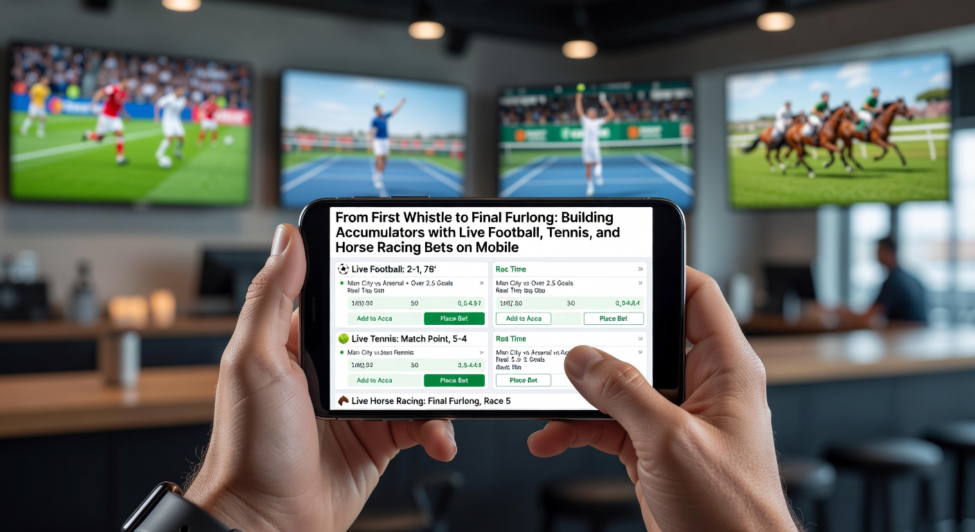 Mobile screen showing live accumulator bet slip with football, tennis, and horse racing selections unfolding in real time