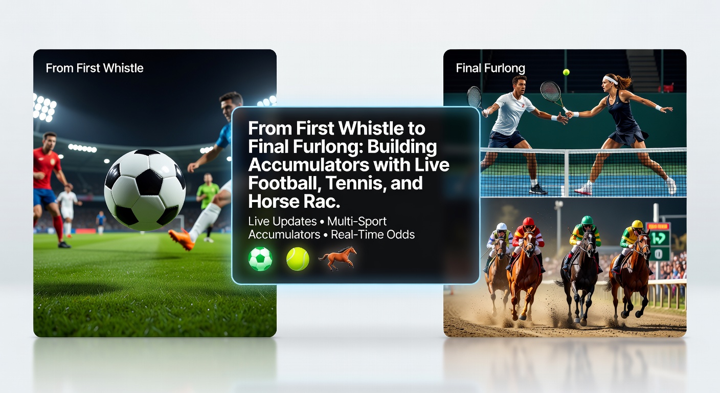 Dynamic split-view on a smartphone displaying live odds for a football goal, tennis break point, and horse racing finish line approach
