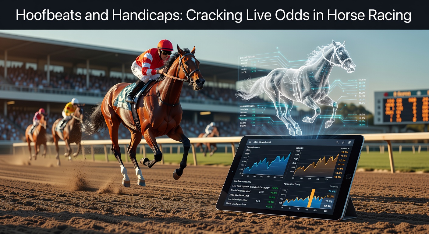 A dynamic scene of horses thundering down a racetrack during a live race, with jockeys urging them forward amid flying turf and shifting odds displays in the foreground