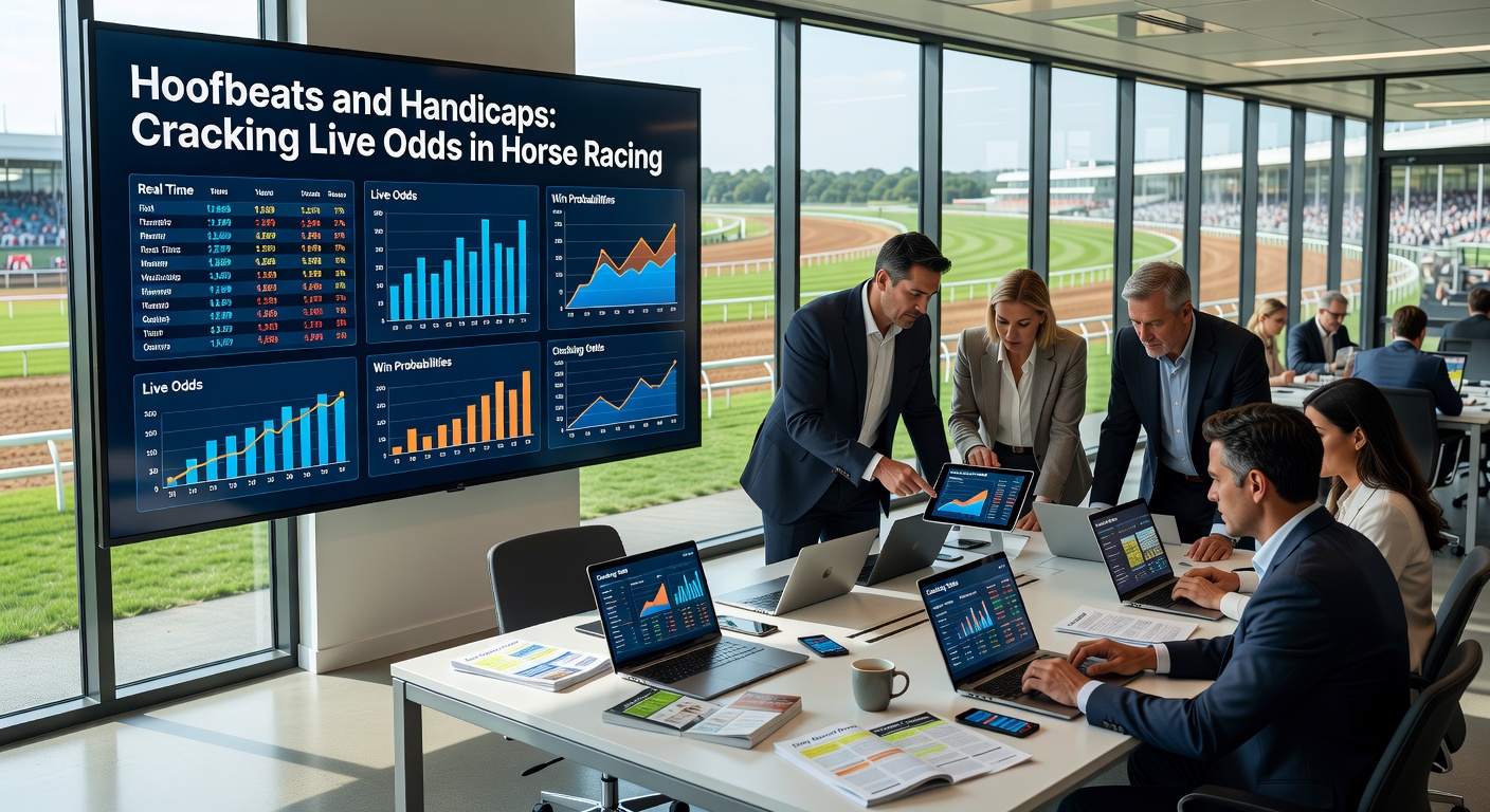 Close-up of a jockey leaning intently over a horse's neck during a tense live race moment, with digital odds boards blurring in the background to highlight in-play betting dynamics