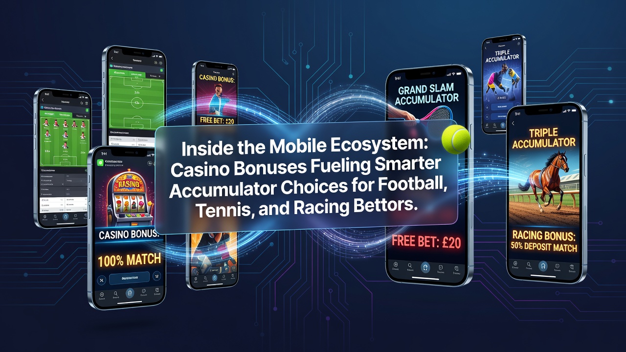 Mobile betting interface showing accumulator options alongside casino bonus promotions for football, tennis, and racing events