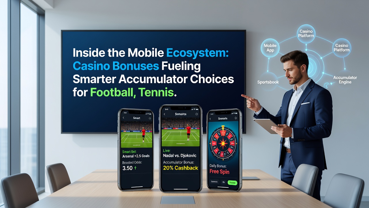 Close-up of a smartphone screen displaying live accumulator builder with active casino bonus balance and football, tennis, and racing selections