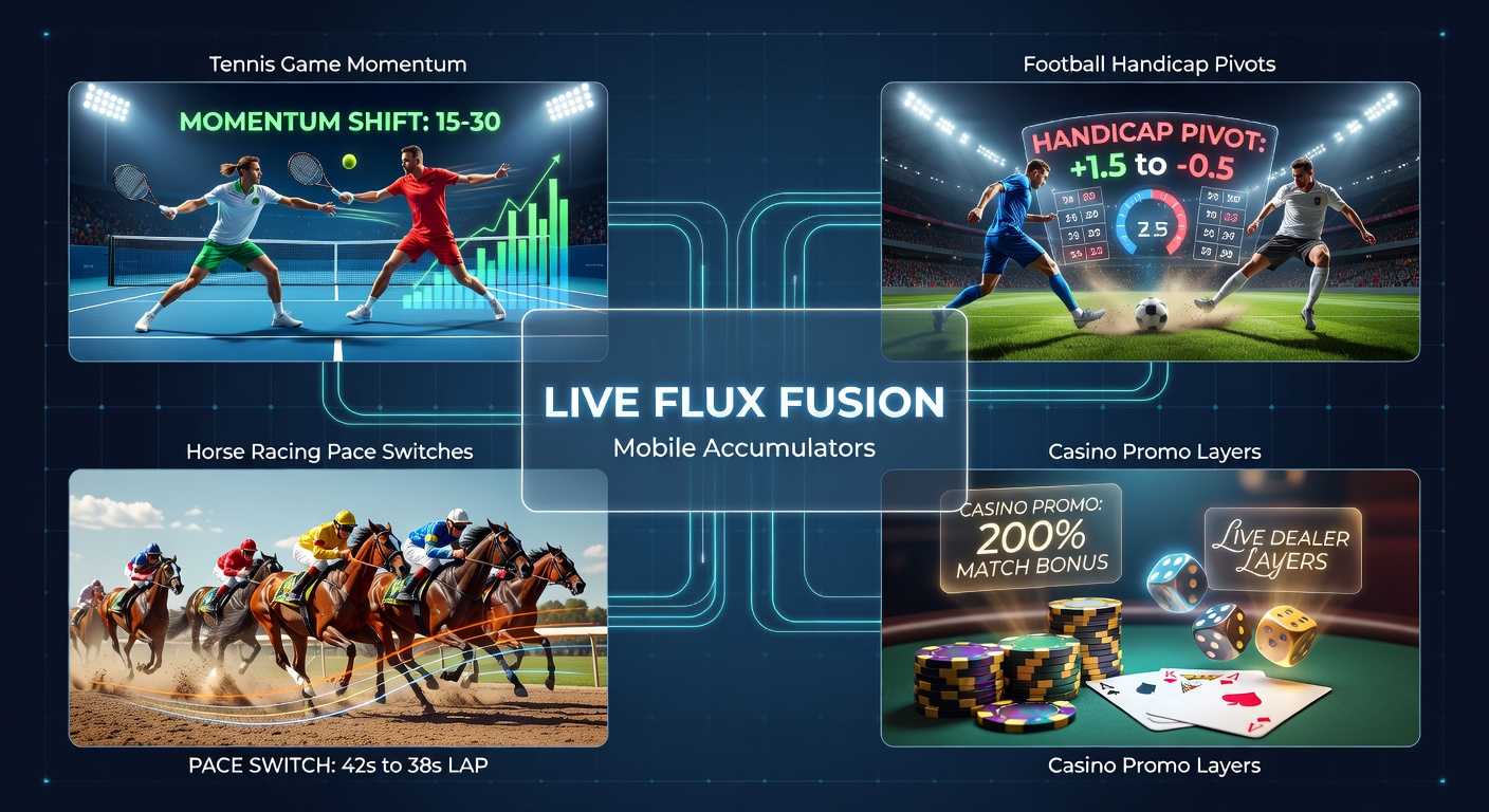Dynamic visualization of intertwined live betting elements from tennis courts, football pitches, racetracks, and casino interfaces converging in a mobile accumulator display