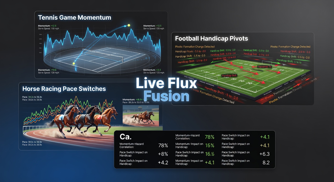 Split-screen graphic showing football handicap adjustments mid-match alongside horse racing pace maps and tennis momentum charts on a mobile betting interface