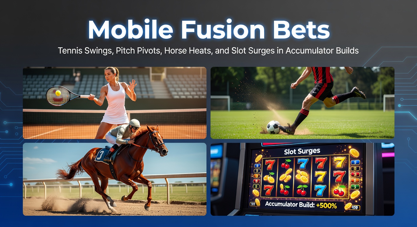 Smartphone screen displaying a live accumulator bet combining tennis match swings, soccer pitch pivots, horse racing heats, and slot game surges on a mobile betting app
