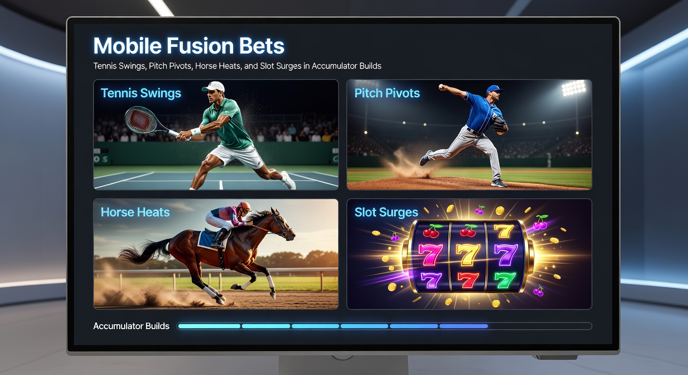 Dynamic graphic illustrating an accumulator progression: tennis serve ace leading to soccer goal pivot, horse race sprint, and slot jackpot surge on a mobile interface