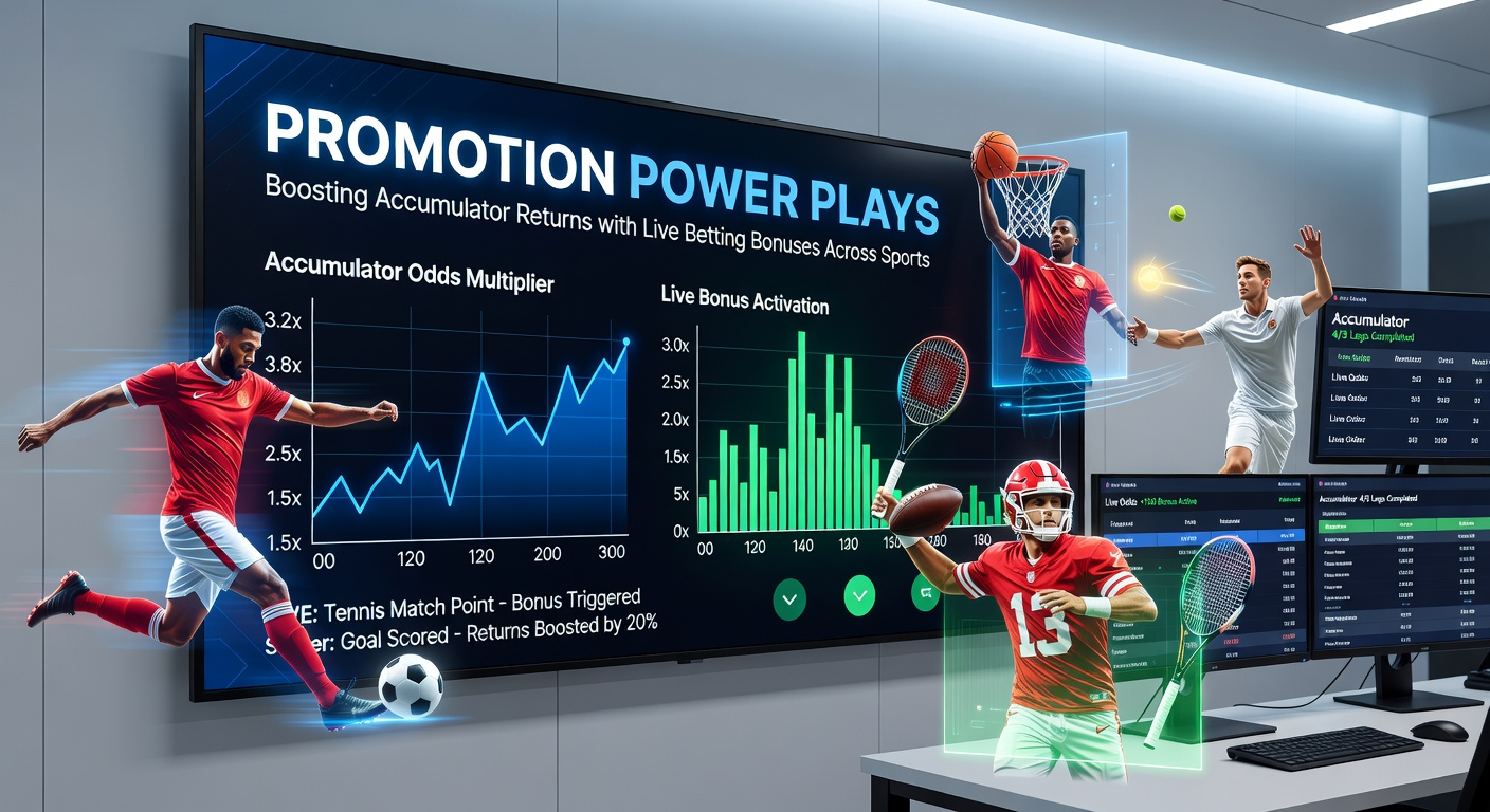 Collage of sports action shots—football players celebrating, basketball dunk, tennis serve—with overlaid accumulator bonus icons and rising payout graphs