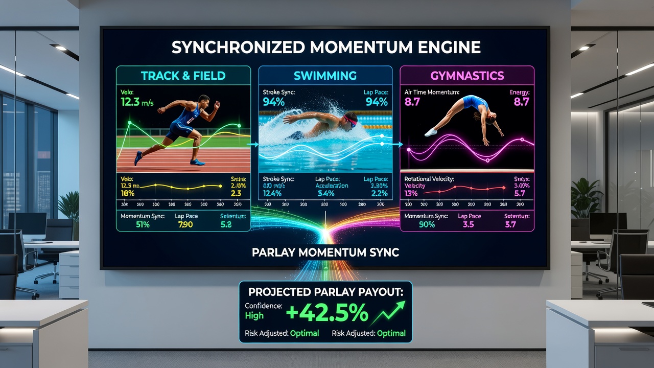 Mobile app screen showing aligned momentum indicators across tennis, football, and horse racing with live parlay payout updates
