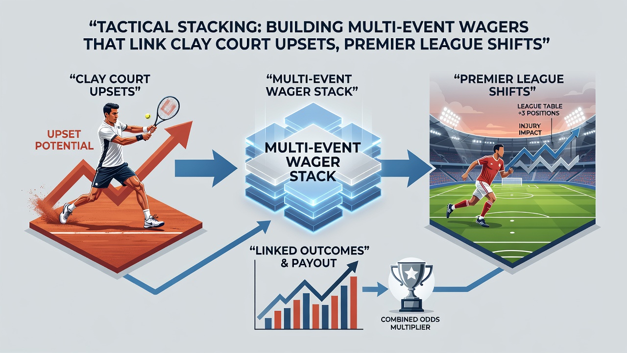 Detailed view of accumulator building interface showing linked selections from tennis, soccer, and horse racing