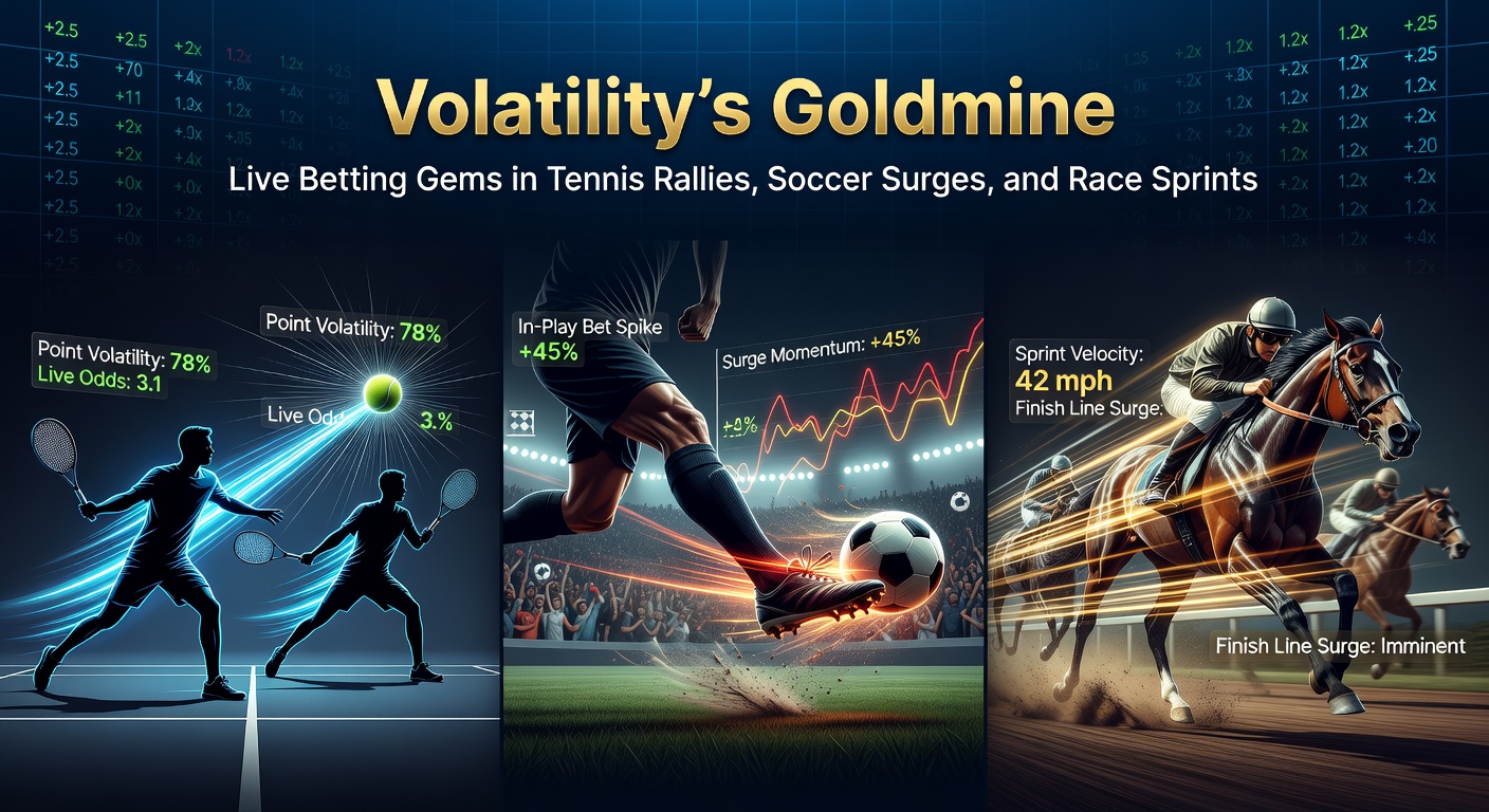 Dynamic live betting interface showing fluctuating odds during a tense tennis rally, soccer goal surge, and horse racing sprint