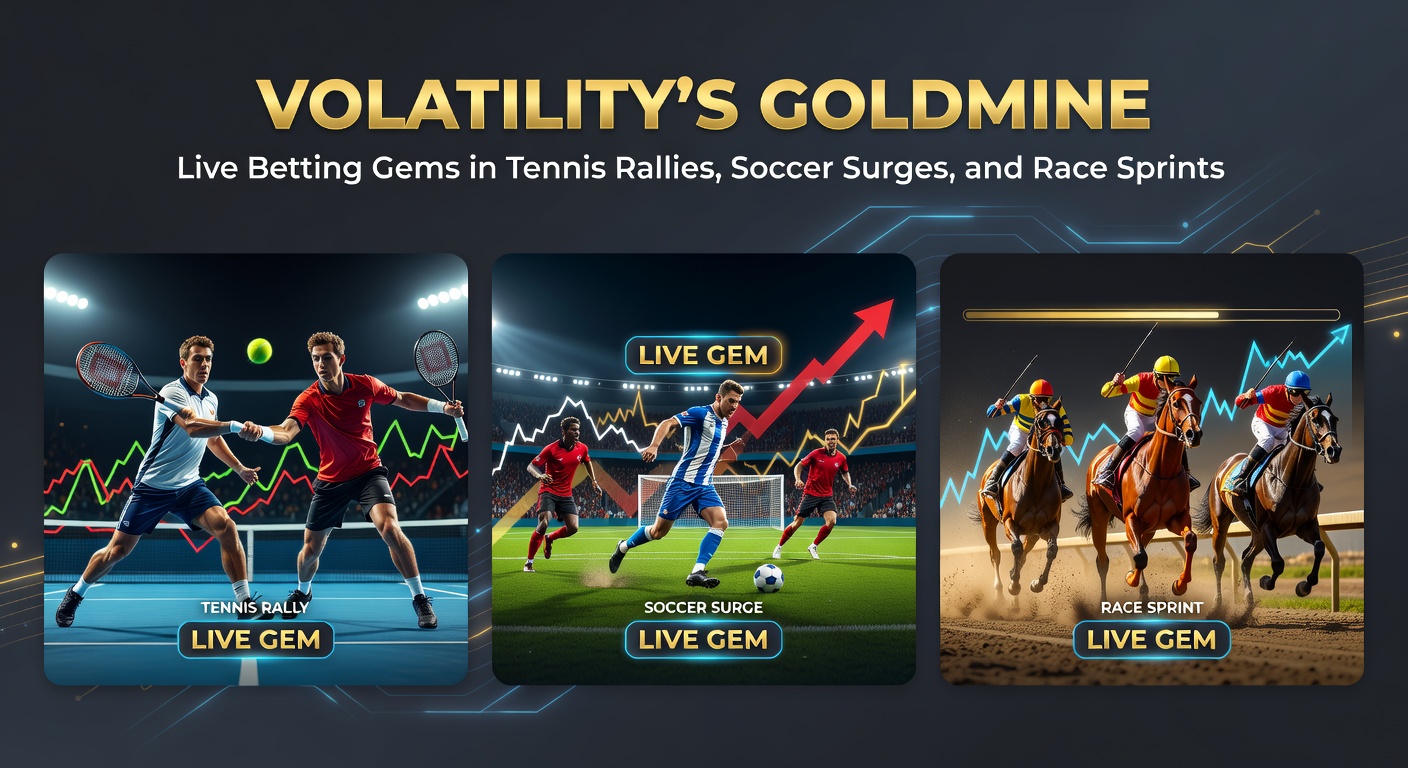 Close-up of a horse sprinting ahead in a race, overlaid with live odds fluctuating wildly on a betting app screen, capturing soccer fans and tennis players in split view