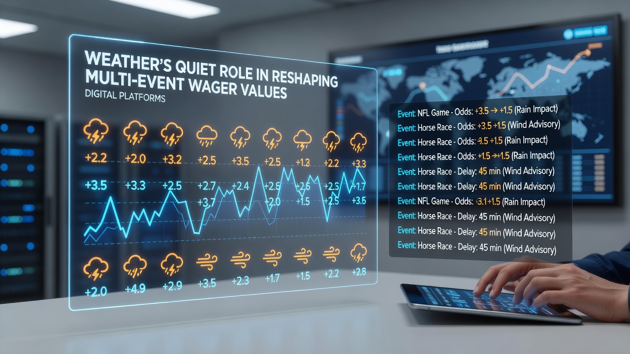 Weather data overlays on digital betting interfaces showing real-time adjustments for multi-event wagers